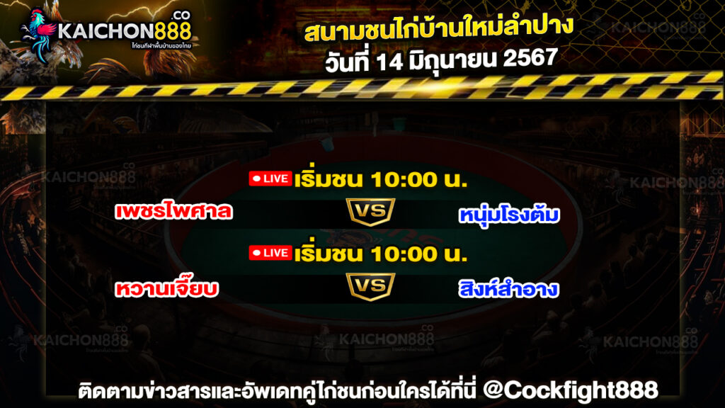 โปรแกรมไก่ชน สนามชนไก่บ้านใหม่ลำปาง วันที่ 14 มิ.ย. 67