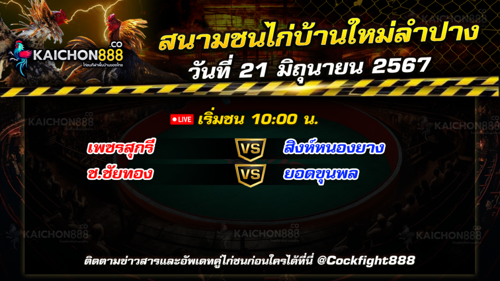 โปรแกรมไก่ชน สนามชนไก่บ้านใหม่ลำปาง วันที่ 21 มิ.ย. 67