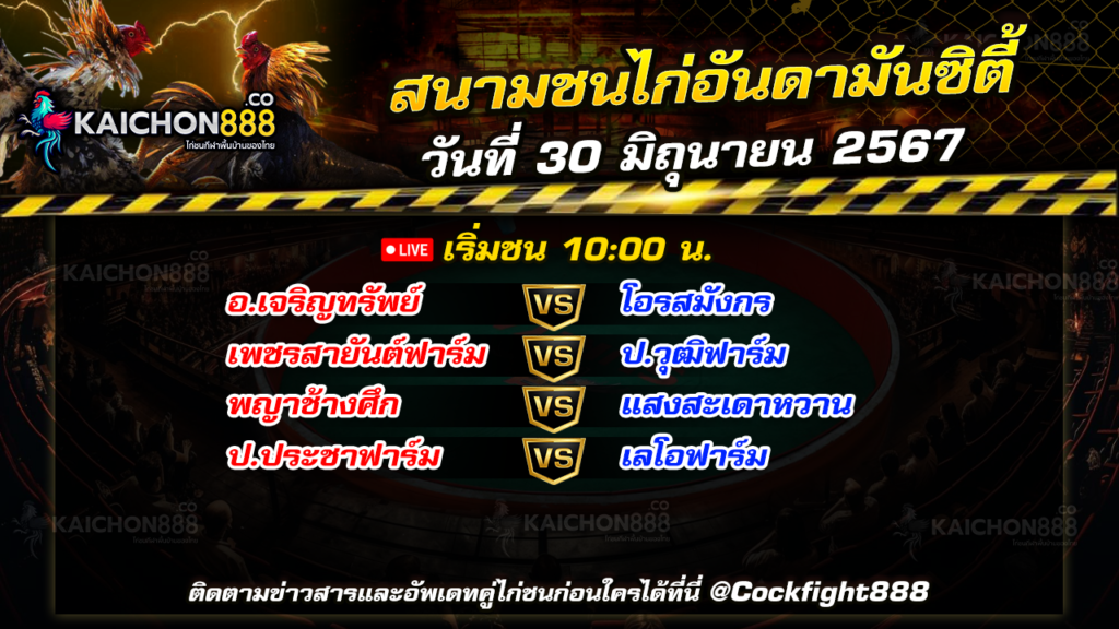 โปรแกรมไก่ชน สนามชนไก่อันดามันซิตี้ วันที่ 30 มิ.ย. 67