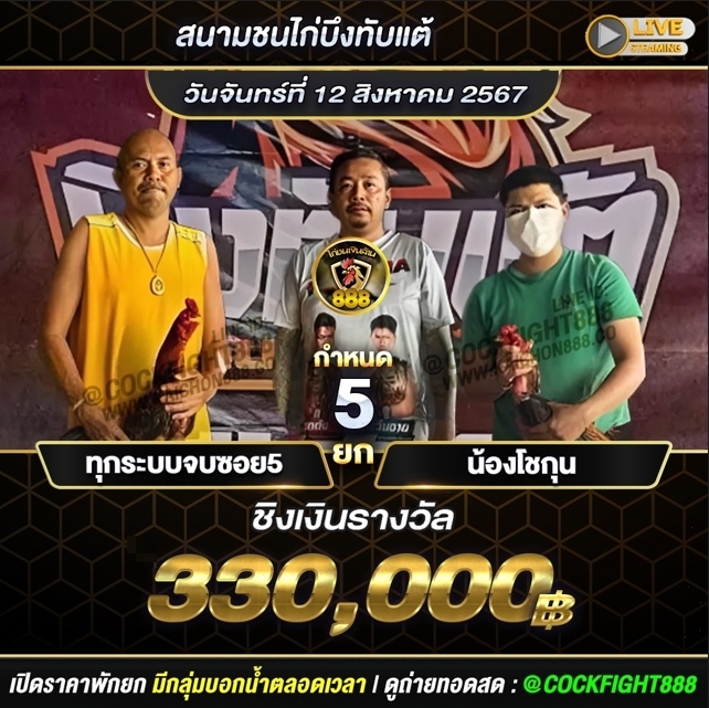 โปรแกรมไก่ชน สนามชนไก่บึงทับแต้ วันที่ 12 ส.ค. 67