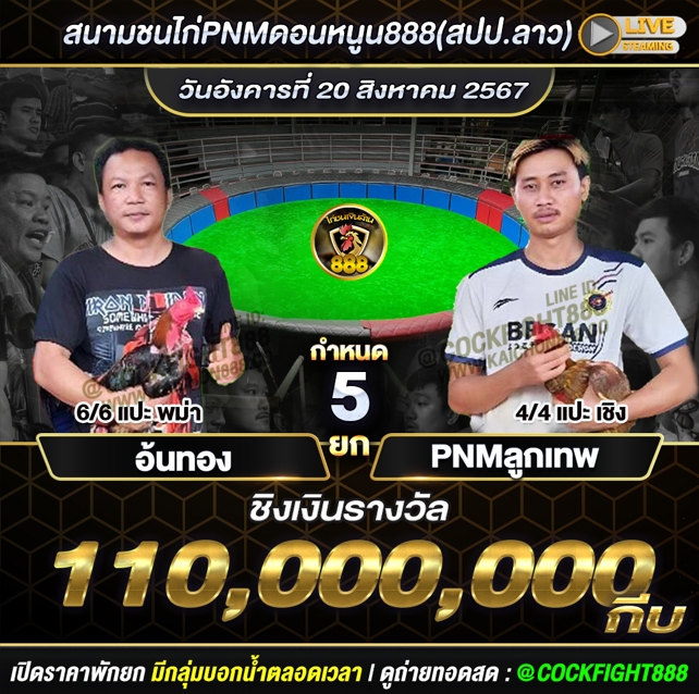 โปรแกรมไก่ชน สนามชนไก่PNMดอนหนูน888(สปป.ลาว) วันที่ 20 ส.ค. 67