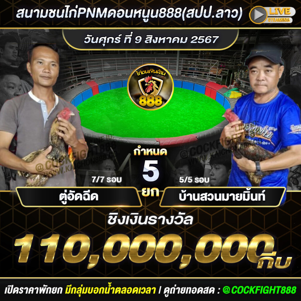 โปรแกรมไก่ชน สนามชนไก่ดอนหนูน(สปป.ลาว) วันที่ 9 ส.ค. 67