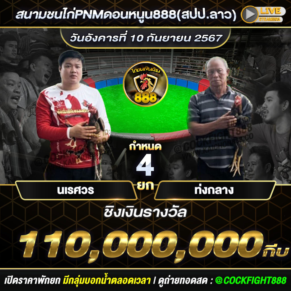 โปรแกรมไก่ชน  สนามชนไก่PNMดอนหนูน888(สปป.ลาว) วันที่ 10 ก.ย. 67