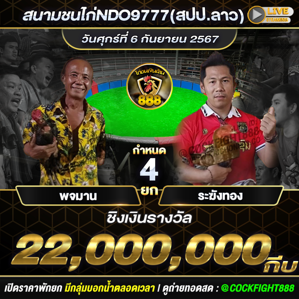 โปรแกรมไก่ชน  สนามชนไก่NDO9777(สปป.ลาว)  วันที่ 06 ก.ย. 67