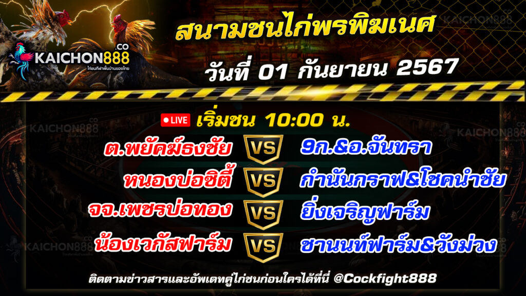 โปรแกรมไก่ชน สนามชนไก่พรพิฆเนศ วันที่ 01 ก.ย. 67