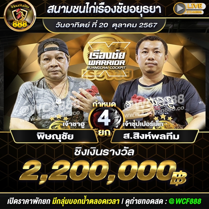 โปรแกรมไก่ชน สนามชนไก่เรืองชัย วันที่ 20 ต.ค. 67