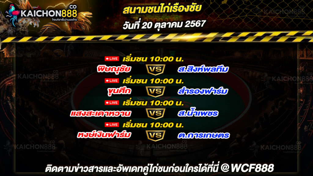 โปรแกรมไก่ชน สนามชนไก่เรืองชัย วันที่ 20 ต.ค. 67