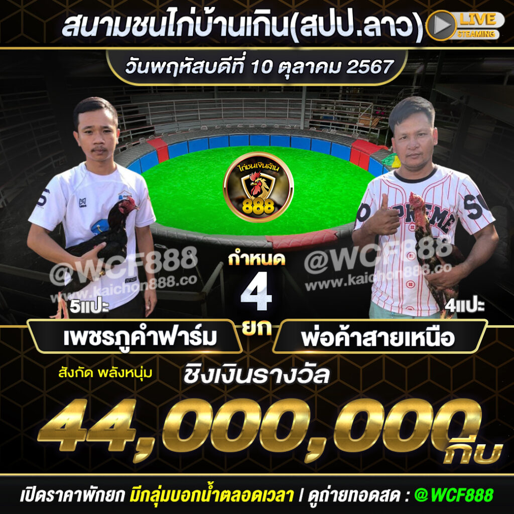 โปรแกรมไก่ชน สนามชนไก่บ้านเกิน(สปป.ลาว) วันที่ 10 ต.ค. 67